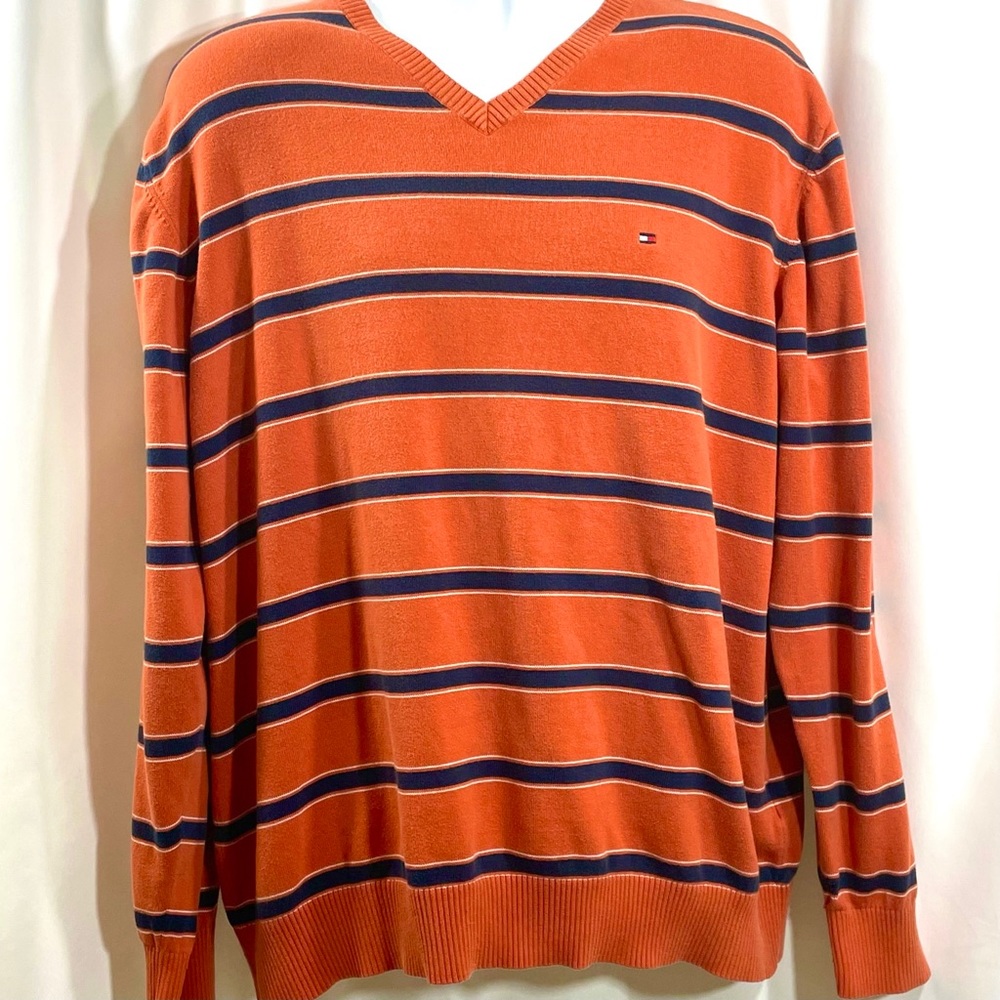 Tommy Hilfiger Orange Striped V Neck Sweater